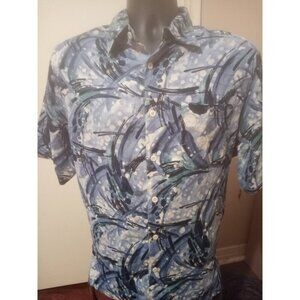 Vintage Silk Circa 1969 Shirt Mens Large L Button Up Short Sleeve Blue Geometric